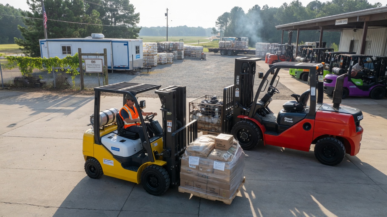 Reliable forklift rental service in Coffee, AL showcasing electric and diesel forklifts